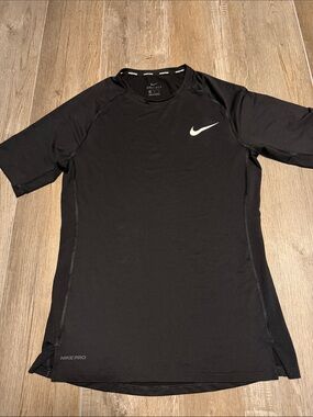 Nike Pro Dri Fit Black Short Sleeve Performance Top with White Swoosh